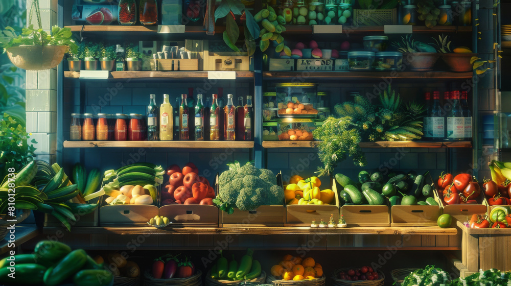 Fresh vegetables and oils in old fashioned local produce shop. Shelves filled with fresh farmed vegetables.