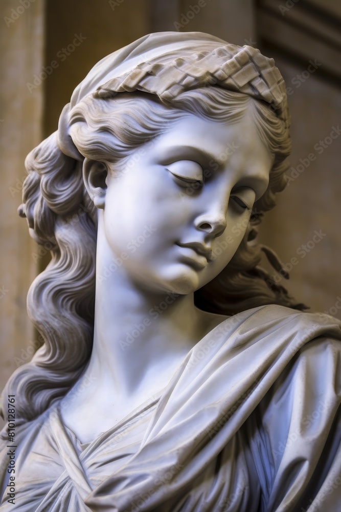 Elegant marble statue of a woman with flowing robes and curled hair Elegant marble statue of a woman with flowing robes and curled hair