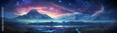 Stunning alien landscape with mountains and glowing sky
