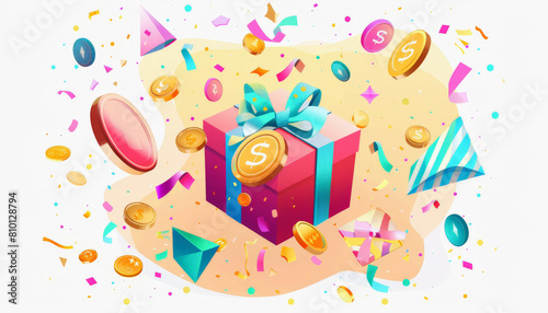 Colorful illustration of a gift box surrounded by coins, confetti, and party hats, suggesting a celebration with rewards, possibly representing a festive bonus or prize.