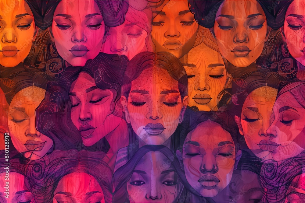 Obraz premium Collage of diverse women's faces in red and orange hues with serene expressions