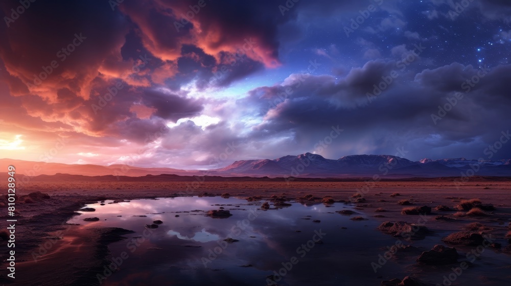Dramatic sunset over desert landscape with mountains and reflection in water