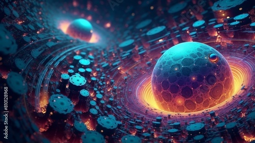 Surreal cosmic landscape with glowing spheres
