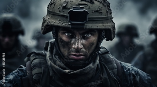 Intense soldier with combat gear in a dark environment