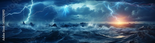 Dramatic stormy ocean landscape with lightning