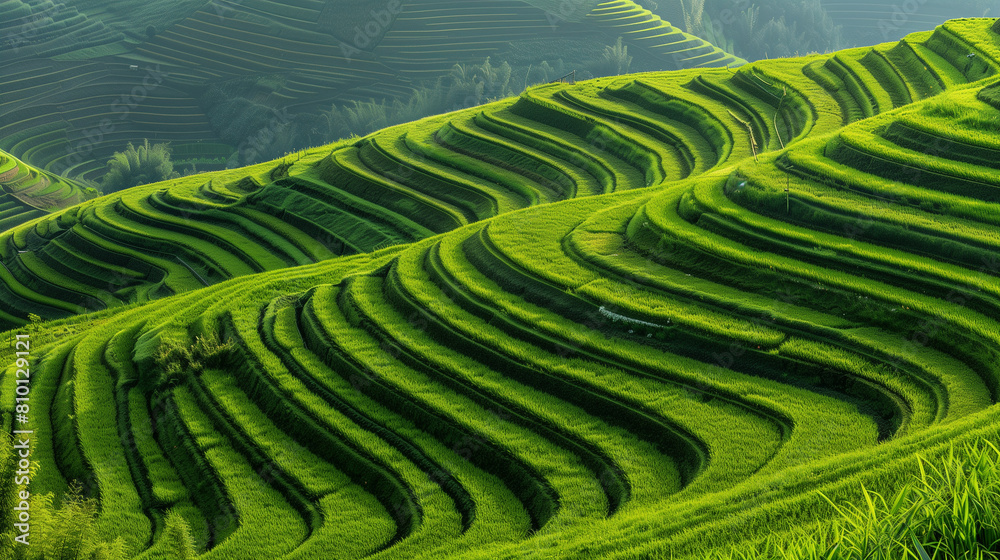 Panoramic View of Terraced Green Hills for Agriculture Panoramic View of Terraced Green Hills for Agriculture