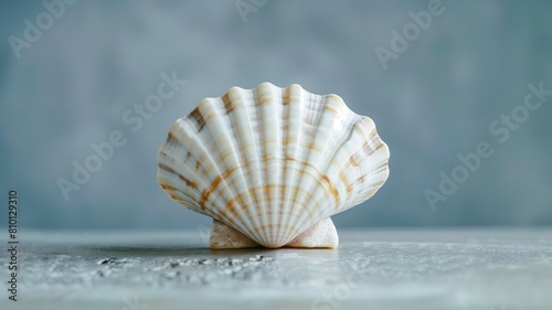 Delicate scallop shell against a serene gray backdrop.