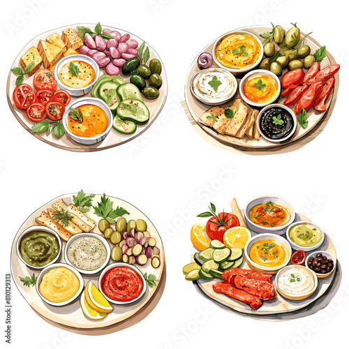 A colorful Mediterranean mezze platter with hummus, olives, pita, fresh vegetables, and dipping sauces. A perfect appetizer for restaurants, cafes, and food photography.