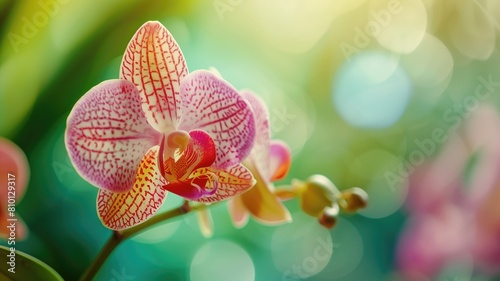 Vibrant close-up of an orchid bloom with detailed textures.