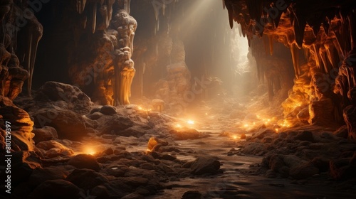 Mystical underground cavern with glowing stalactites and rocks