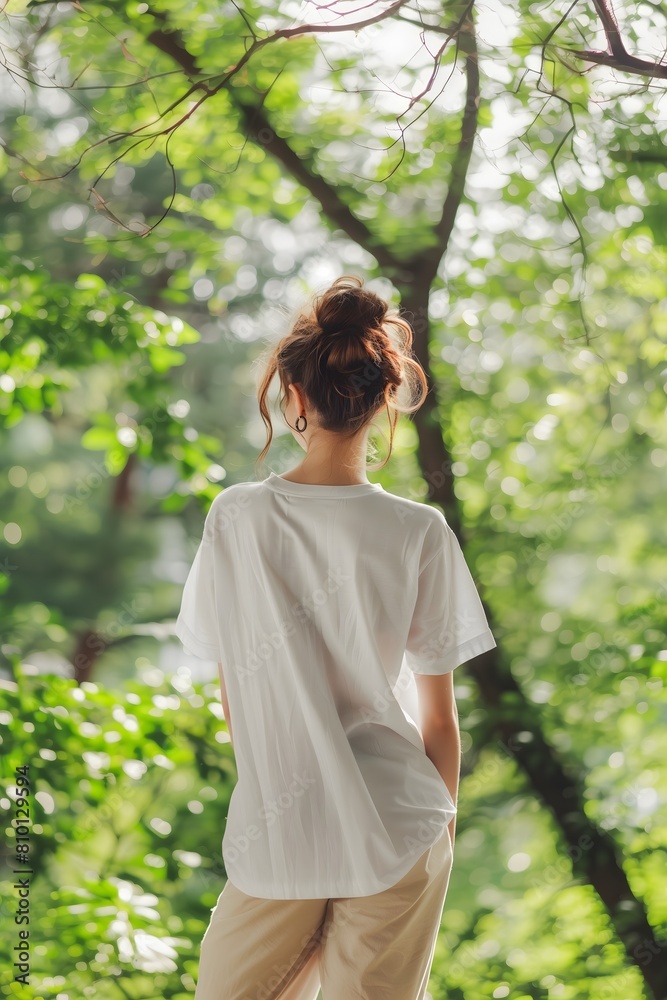 Woman Enjoying a Peaceful Morning Walk in a Lush Green Forest. Generative AI Woman Enjoying a Peaceful Morning Walk in a Lush Green Forest. Generative AI