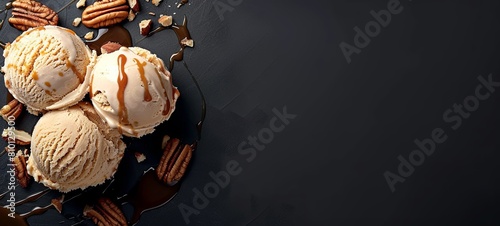 Ice cream with nuts and caramel. on a dark background.  photo