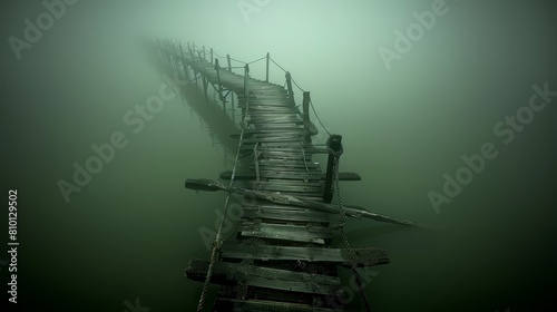   A long wooden dock, bisecting a body of water, features a fence on one side and a line of poles on the other