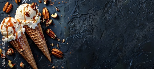 Ice cream with nuts and caramel. on a dark background.  photo