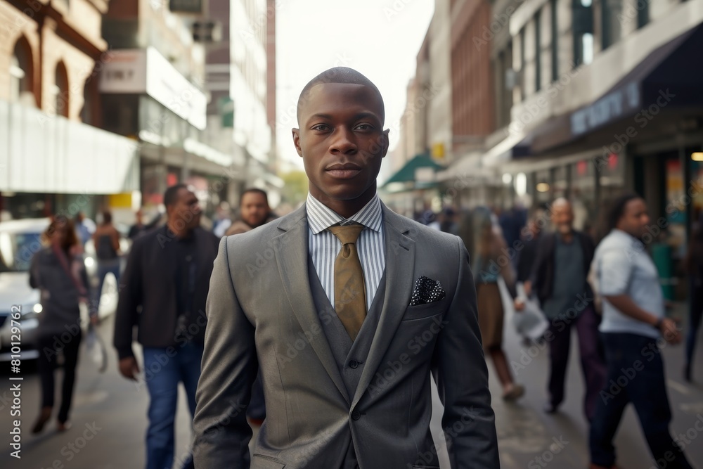 Confident businessman walking down city street