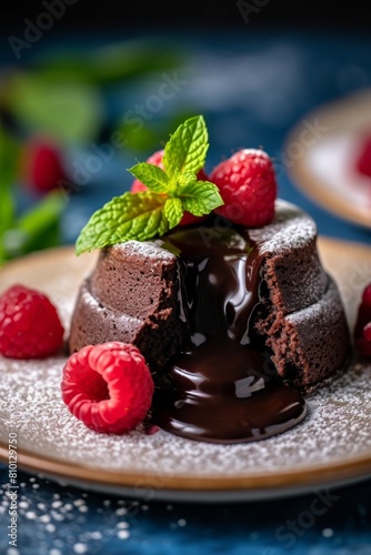 Decadent chocolate lava cake with fresh raspberries and mint