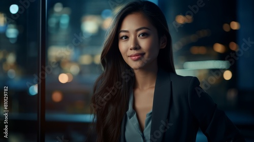 Confident young asian businesswoman looking out window at night