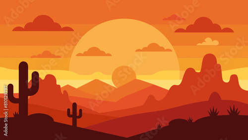 Wild Western Texas desert sunset with mountains and cactus in flat cartoon style vector. Sunset desert landscape. 
