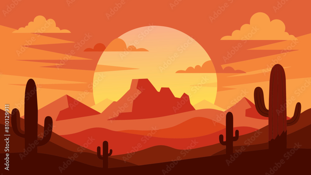 Naklejka premium Wild Western Texas desert sunset with mountains and cactus in flat cartoon style vector. Sunset desert landscape. 