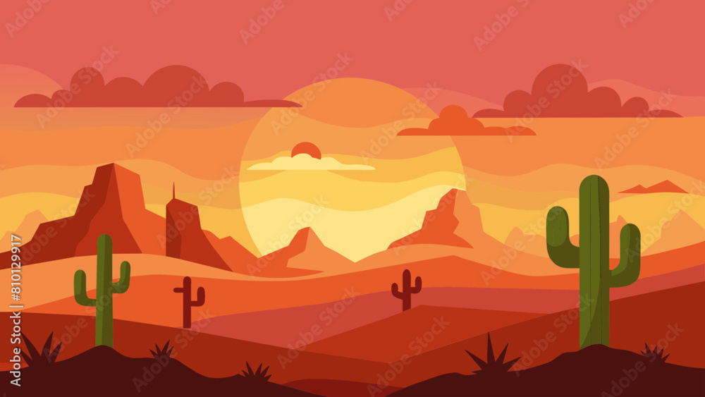 Wild Western Texas desert sunset with mountains and cactus in flat cartoon style vector. Sunset desert landscape. Wild Western Texas desert sunset with mountains and cactus in flat cartoon style vector. Sunset desert landscape.