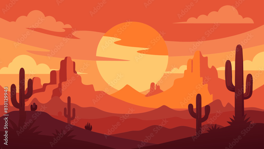 Wild Western Texas desert sunset with mountains and cactus in flat cartoon style vector. Sunset desert landscape. Wild Western Texas desert sunset with mountains and cactus in flat cartoon style vector. Sunset desert landscape.