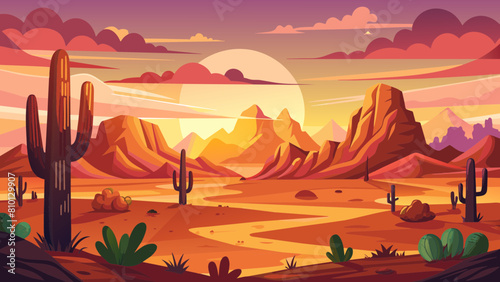 Wild Western Texas desert sunset with mountains and cactus in flat cartoon style vector. Sunset desert landscape. 