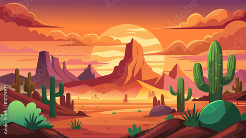 Wild Western Texas desert sunset with mountains and cactus in flat cartoon style vector. Sunset desert landscape. 