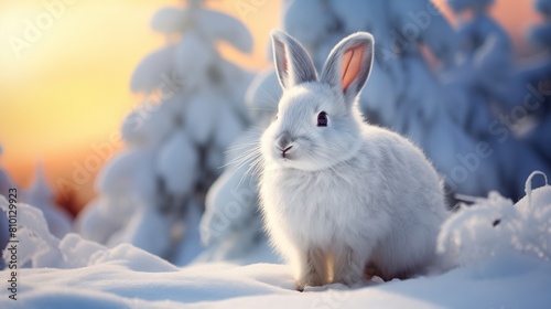 An Arctic rabbit enjoys the soft glow of a sunset in a snowy landscape, its fluffy fur glowing against the pastel winter sky © r3mmm