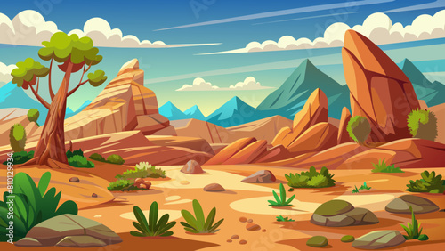 Wild Western Texas desert sunset with mountains and cactus in flat cartoon style vector. Sunset desert landscape. 