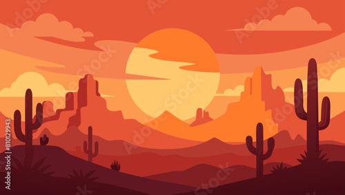 Wild Western Texas desert sunset with mountains and cactus in flat cartoon style vector. Sunset desert landscape. 
