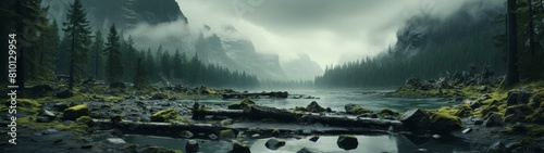 Serene misty forest landscape with lake and rocks