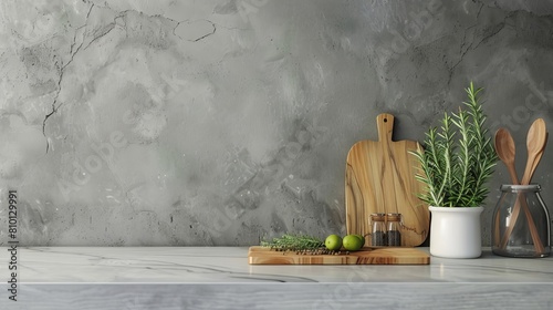 Minimalist grey backdrop with marble, limestone, granite slabs, wooden plank, cutting board, rosemary, pepper, and decor items, illustrating a kitchen interior design concept. photo
