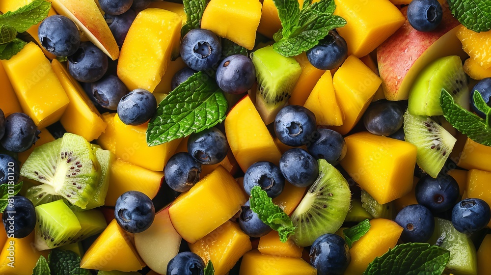 A colorful fruit salad with mango, kiwi, apple, blueberries, and fresh mint. A nutritious and delicious healthy choice. A colorful fruit salad with mango, kiwi, apple, blueberries, and fresh mint. A nutritious and delicious healthy choice.