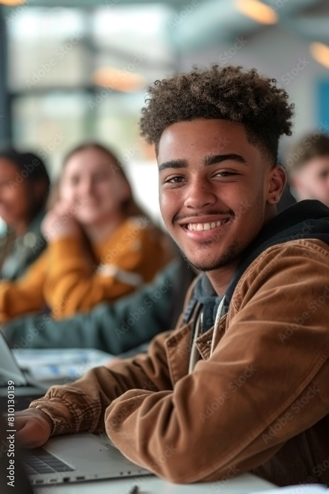 A young boy with a smile on his face is sitting in a classroom with other students, he is wearing a brown jacket and is looking at the camera A young boy with a smile on his face is sitting in a classroom with other students, he is wearing a brown jacket and is looking at the camera