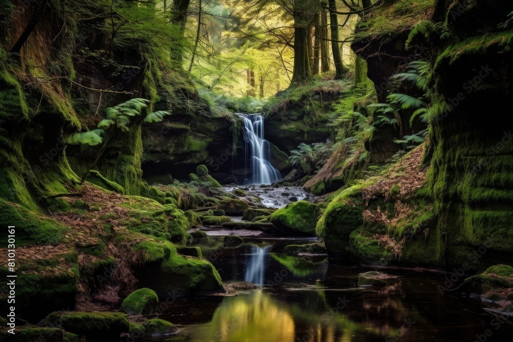 Lush green forest with cascading waterfall