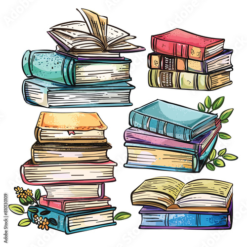 Colorful stacked books illustration, open book, sketch style, reading concept, educational graphics, leaves decoration. Vibrant book piles drawing, handdrawn, literature, knowledge, assorted colors