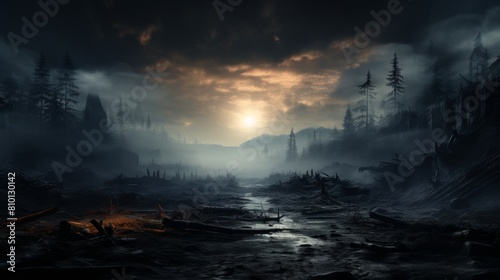Mysterious and moody landscape at sunset