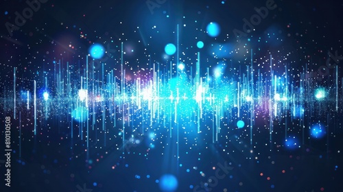 Abstract Digital Technology Background. Blue Light Effects. Digital Equalizer Sound Wave Visualization. Lights Flying Up. Vector for Your Graphic Design.