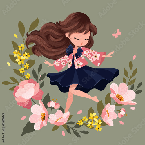 Lovely girl with flowers vector illustration, autumn theme, vector roses, fall illustration
