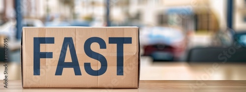 A cardboard box with the word FAST on wooden table with background of blurred car shop