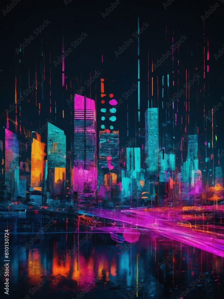 Vibrant city disruptions, Abstract glitch art overlays a colorful urban backdrop.