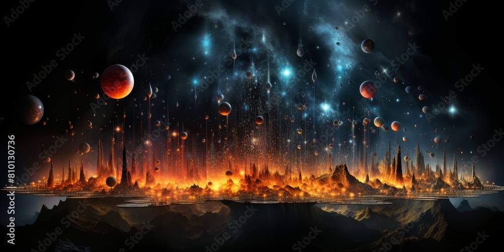 Fototapeta premium Futuristic alien landscape with glowing cities and planets