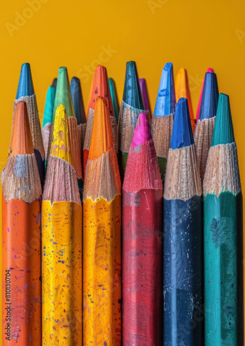 Colored pencils isolated on colorful background. Pencils, crayon, wax. Back to school. Art supplies.