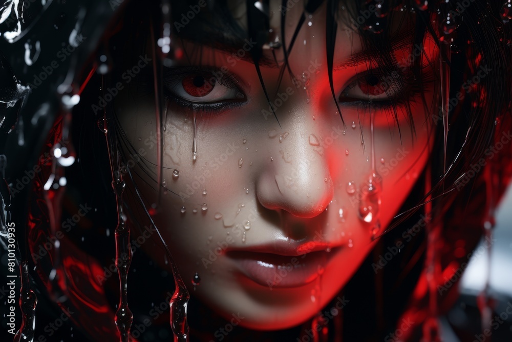 Dramatic portrait of a woman with intense red eyes and tears Dramatic portrait of a woman with intense red eyes and tears