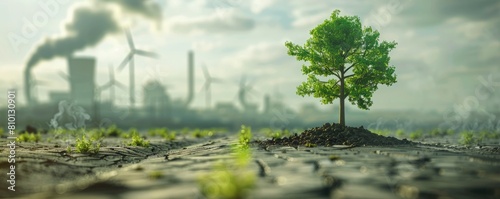 A green tree growing on the dry ground on an industrial city with wind turbine and chimney in the background