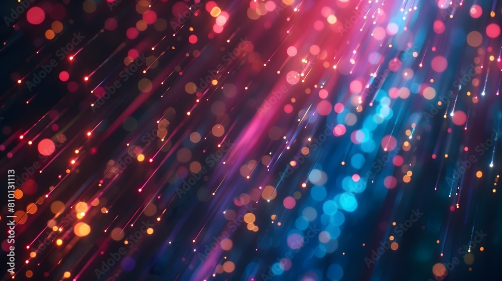 Fototapeta premium Vibrant neon light trails and colorful bokeh dots create an otherworldly atmosphere at night. Generative AI