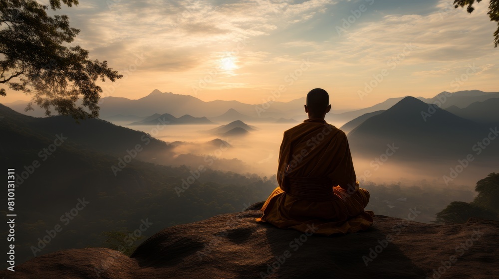 Silhouette of a meditating monk overlooking a misty mountain landscape at sunset