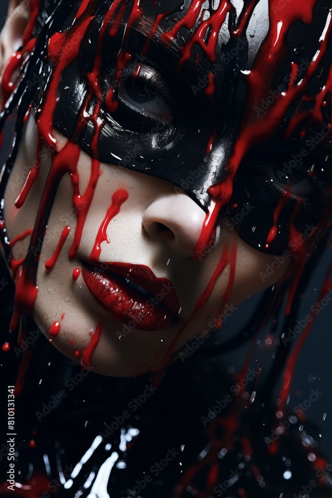 Dramatic portrait of a face covered in red and black paint Dramatic portrait of a face covered in red and black paint