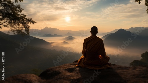 Silhouette of a meditating monk overlooking a misty mountain landscape at sunset