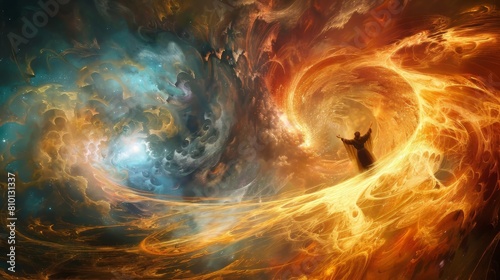 Surreal scene of Elijah being taken up to heaven in a chariot of fire amidst swirling cosmic energies photo